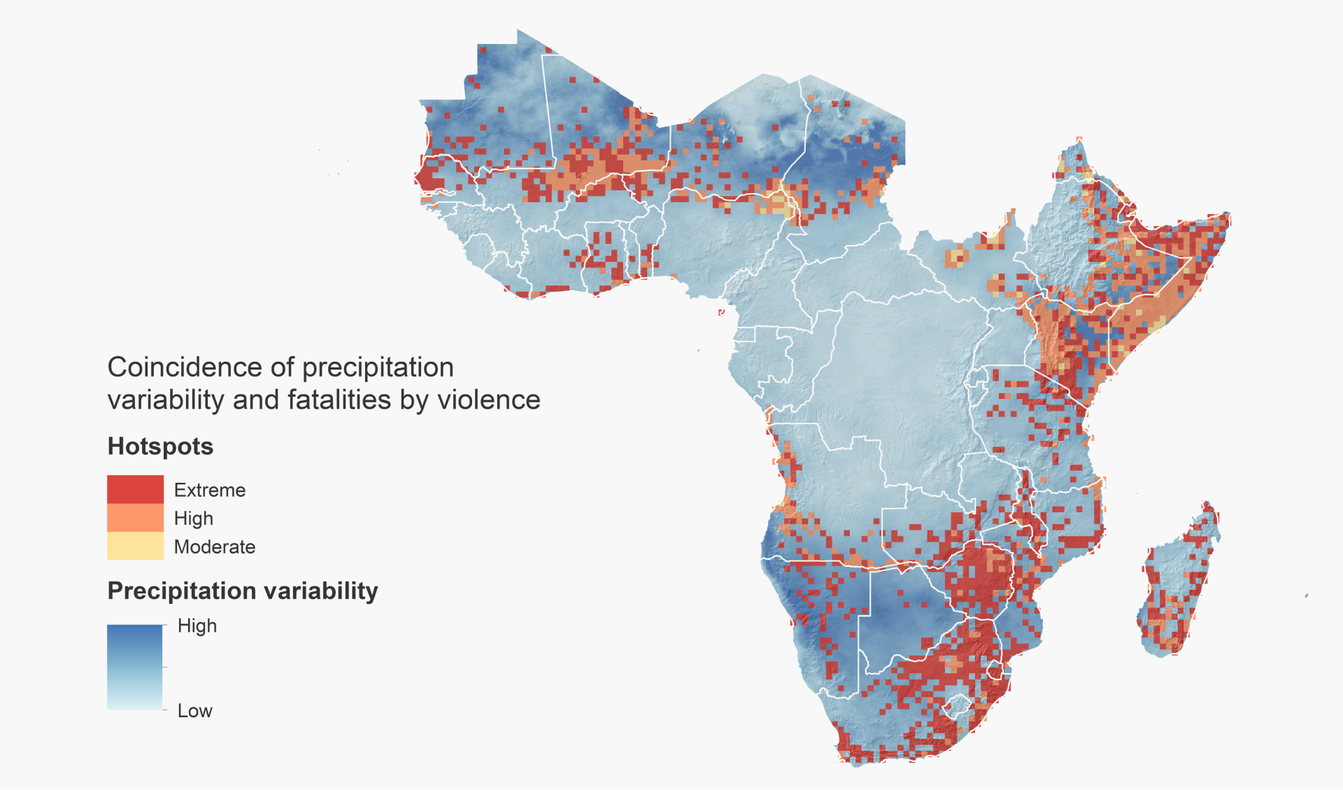 Data Insight 4, Map 1: Coincidence of precipitation variability and fatalities by violence
