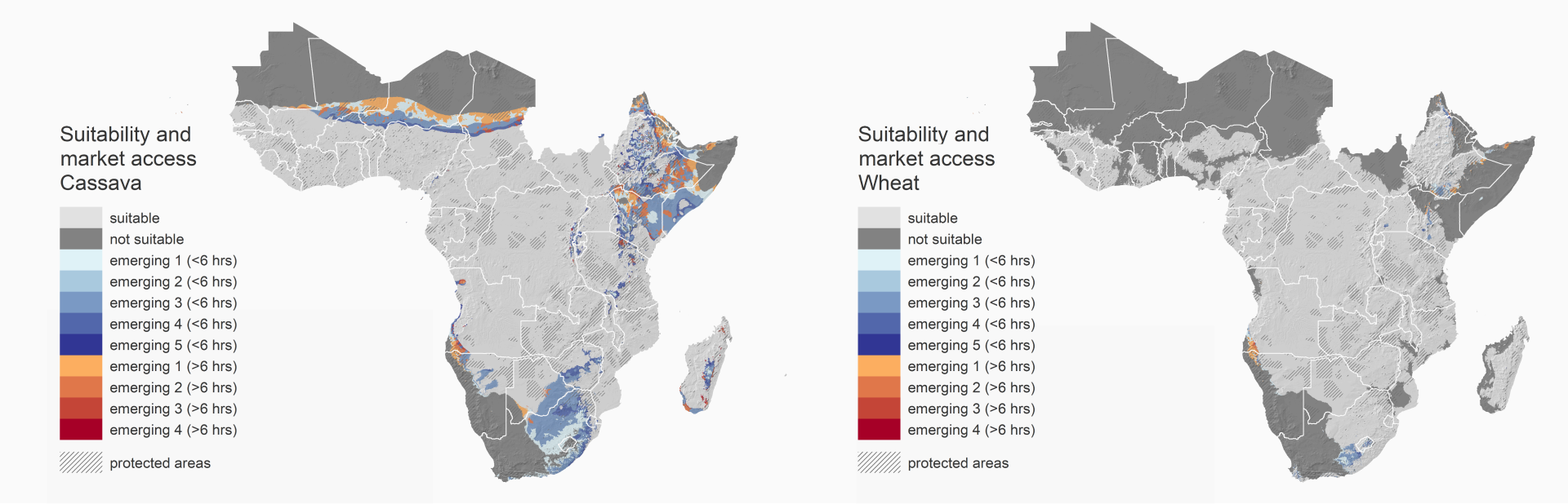 Data Insight 7, Maps 2, 3: Suitability and market access of cassava, wheat