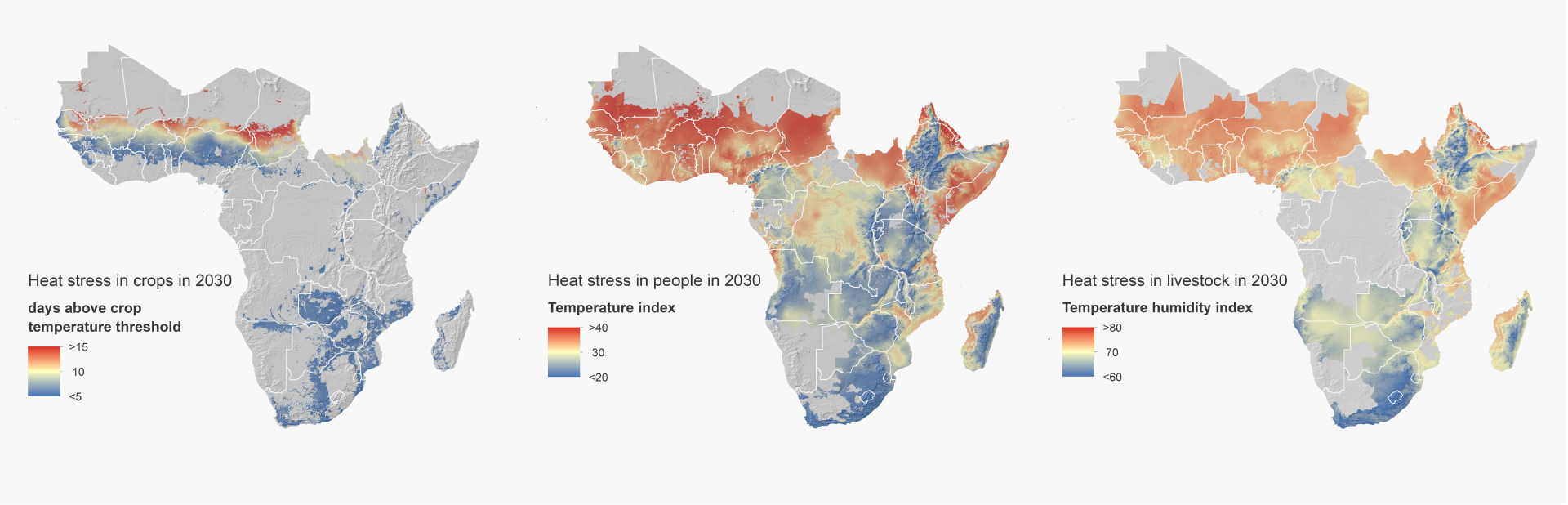 Data Insight 1, Maps 2, 3, 4: Heat stress in crops, people and livestock in 2030 