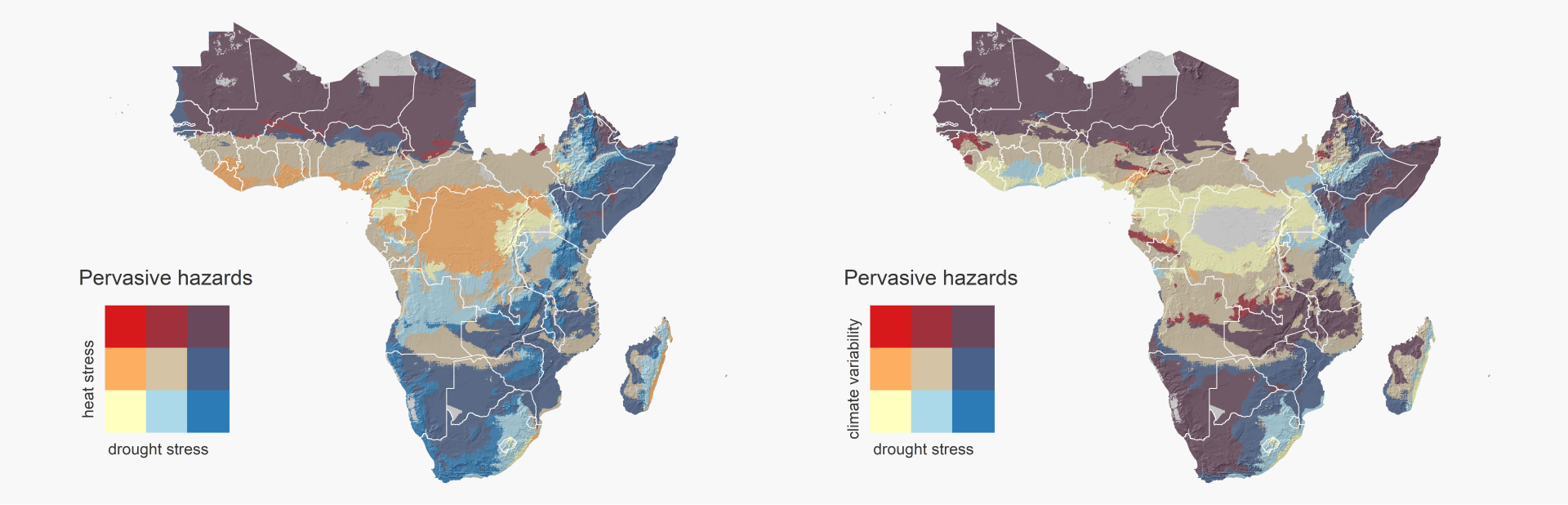 Data Insight 3, Maps 2, 3: Heat stress and drought stress, and Heat stress and climate variability